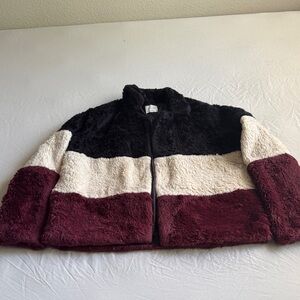 Striped Faux Fur Jacket in Black, Cream & Burgundy